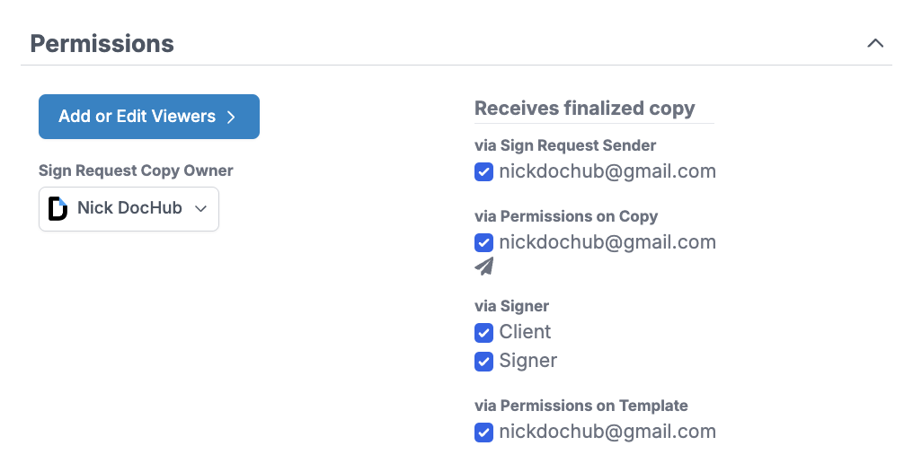 Permissions window where users can set sign request copy wwner, control who receives an email notification with the finalized PDF attached, and add or edit viewers.
