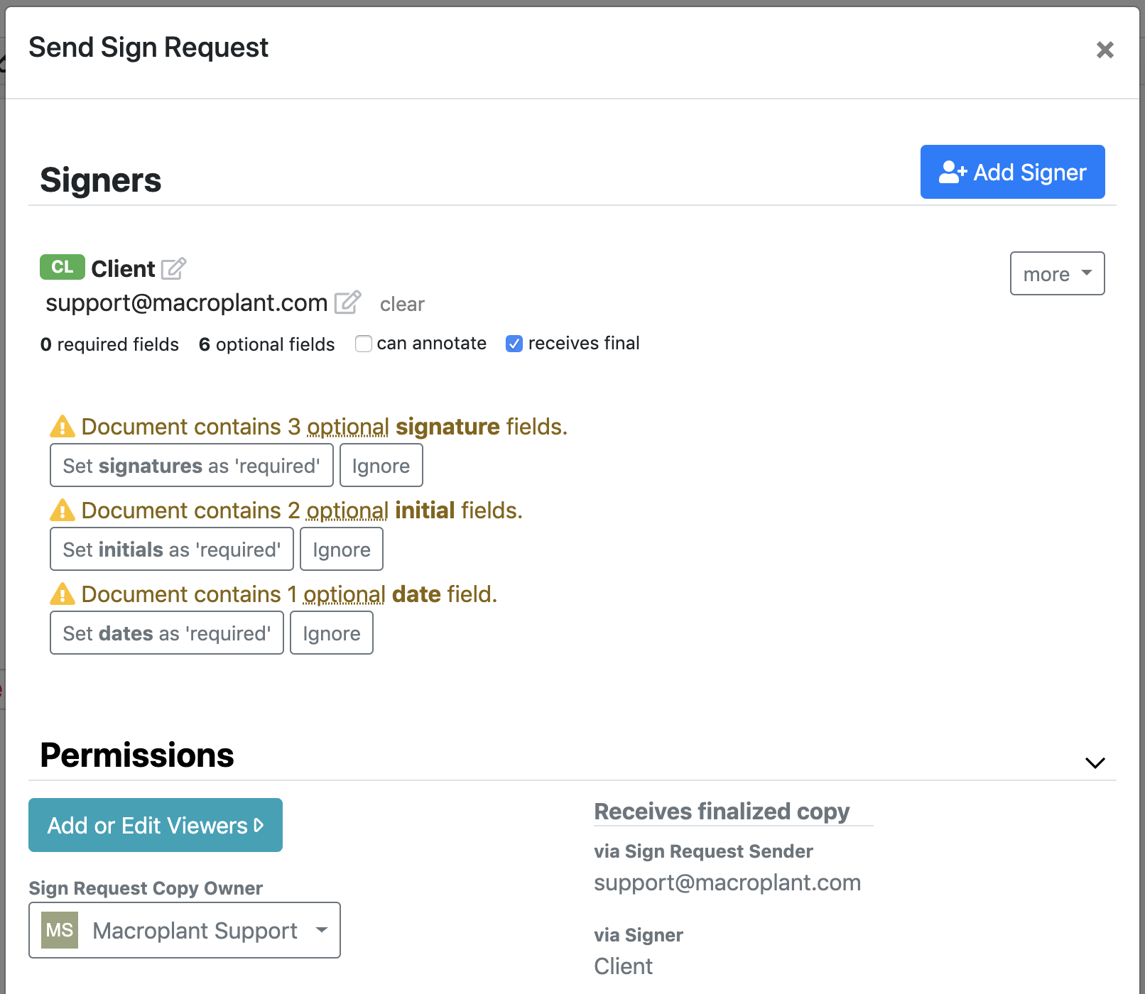 Sign Requests: Permissions - Document signing and Sign Requests